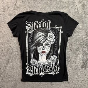Metal Mulisha Womens S Black Day of Dead Sugar Skull V-Neck Tee Graphic Rose